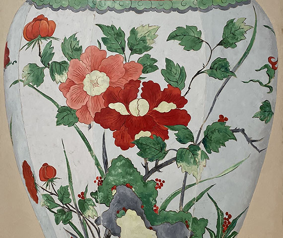 Richard Nott 2022 17th C Peony Vase oil on canvas 145 x 110 x 4 cm Courtesy of the Rebecca Hossack Art Gallery